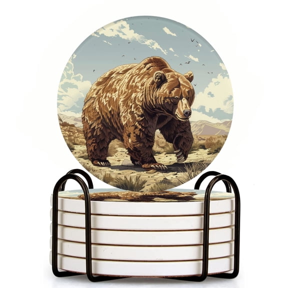 Bahomeck Drink Coasters Set Of 6 With Holder Grizzly Bear In The Desert Water Absorbent Ceramic Coasters Tabletop Protection,Suitable For Various Cup,Home Decor