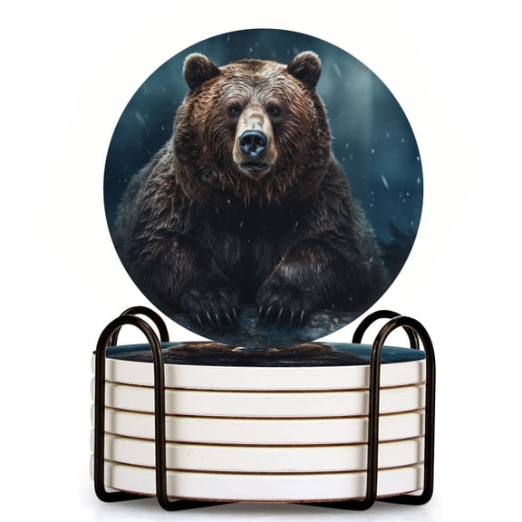 Bahomeck Drink Coasters Set Of 6 With Holder Grizzly Bear Sitting On Rocks In The Dark Forest Water Absorbent Ceramic Coasters Tabletop Protection,Suitable For Various Cup,Home Decor