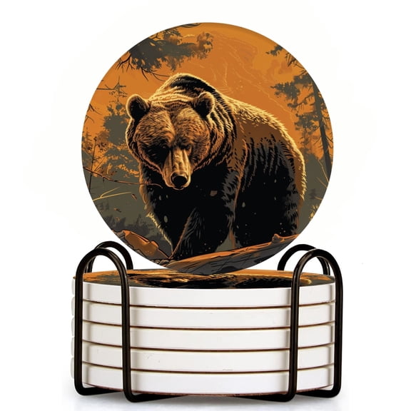 Bahomeck Drink Coasters Set Of 6 With Holder Grizzly Bear Standing In The Forest Water Absorbent Ceramic Coasters Tabletop Protection,Suitable For Various Cup,Home Decor