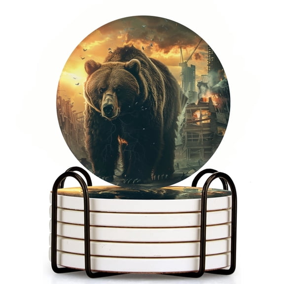 Bahomeck Drink Coasters Set Of 6 With Holder Grizzly Bear Standing In The Middle Of City Water Absorbent Ceramic Coasters Tabletop Protection,Suitable For Various Cup,Home Decor