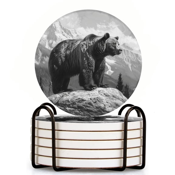 Bahomeck Drink Coasters Set Of 6 With Holder Grizzly Bear Standing With Trees In The Background Water Absorbent Ceramic Coasters Tabletop Protection,Suitable For Various Cup,Home Decor