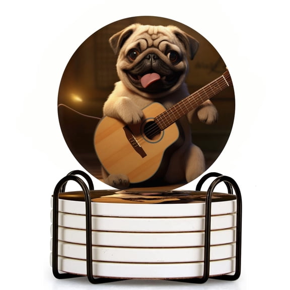 Bahomeck Drink Coasters Set Of 6 With Holder Happy Pug Playing Acoustic Guitar In The Style Of Pixa Water Absorbent Ceramic Coasters Tabletop Protection,Suitable For Various Cup,Home Decor
