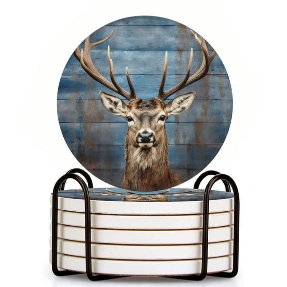 Bahomeck Drink Coasters Set Of 6 With Holder Large Stag Head Portrait On White Wooden Planks Water Absorbent Ceramic Coasters Tabletop Protection,Suitable For Various Cup,Home Decor