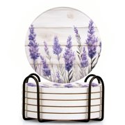 Bahomeck Drink Coasters Set Of 6 With Holder Lavender Flowers On White Wooden Surface With Soft Purple Hues Water Absorbent Ceramic Coasters Tabletop Protection,Suitable For Various Cup,Home Decor