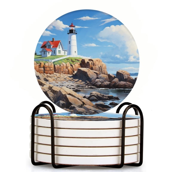 Bahomeck Drink Coasters Set Of 6 With Holder Lighthouse Sits Atop Rocky Cliffs Overlooking The Ocean Water Absorbent Ceramic Coasters Tabletop Protection,Suitable For Various Cup,Home Decor