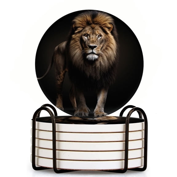 Bahomeck Drink Coasters Set Of 6 With Holder Majestic Full-Body Portrait Of Lion Water Absorbent Ceramic Coasters Tabletop Protection,Suitable For Various Cup,Home Decor