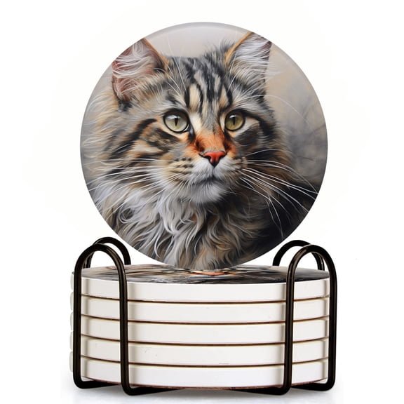 Bahomeck Drink Coasters Set Of 6 With Holder Majestic Maine Coon Cat With Long Lowing Brown Fur Water Absorbent Ceramic Coasters Tabletop Protection,Suitable For Various Cup,Home Decor