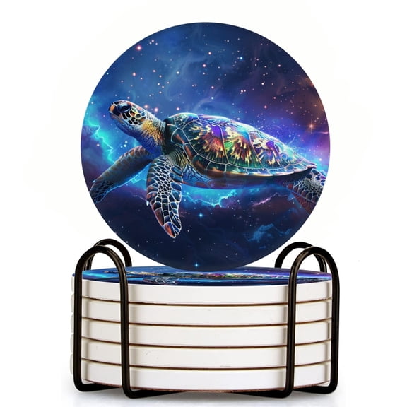 Bahomeck Drink Coasters Set Of 6 With Holder Majestic Sea Turtle Floating In The Vastness Of Space Water Absorbent Ceramic Coasters Tabletop Protection,Suitable For Various Cup,Home Decor