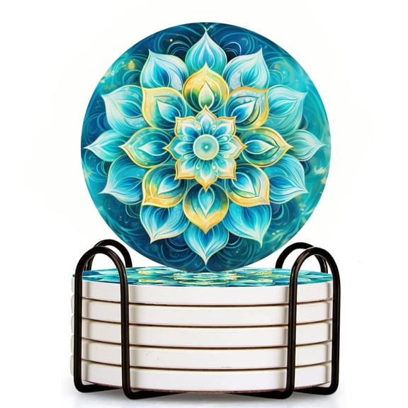 Bahomeck Drink Coasters Set Of 6 With Holder Mandala Of The Element Air With Blue And Turquoise Colors Water Absorbent Ceramic Coasters Tabletop Protection,Suitable For Various Cup,Home Decor