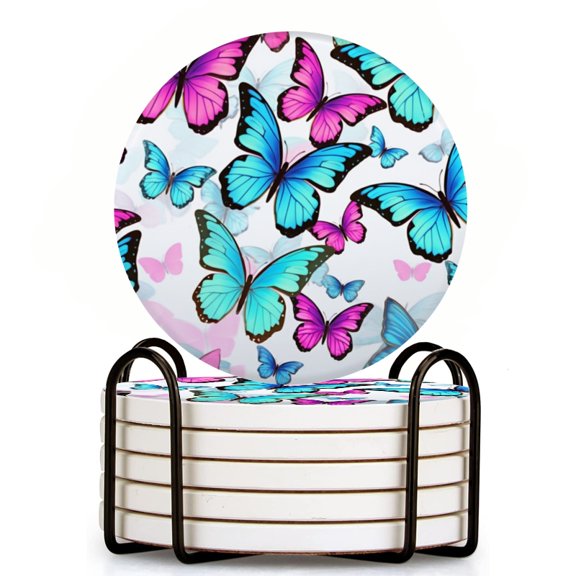 Bahomeck Drink Coasters Set Of 6 With Holder Many Colorful Butterflies Flying Water Absorbent Ceramic Coasters Tabletop Protection,Suitable For Various Cup,Home Decor