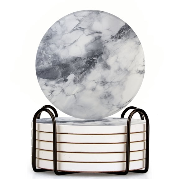 Bahomeck Drink Coasters Set Of 6 With Holder Marble Texture Of White And Gray Color Scheme Water Absorbent Ceramic Coasters Tabletop Protection,Suitable For Various Cup,Home Decor