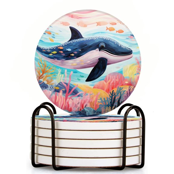 Bahomeck Drink Coasters Set Of 6 With Holder Massive Whale The Master Of The Oceans Water Absorbent Ceramic Coasters Tabletop Protection,Suitable For Various Cup,Home Decor