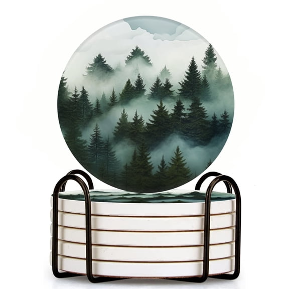 Bahomeck Drink Coasters Set Of 6 With Holder Mystical Forest With Misty Mountains In The Background Water Absorbent Ceramic Coasters Tabletop Protection,Suitable For Various Cup,Home Decor