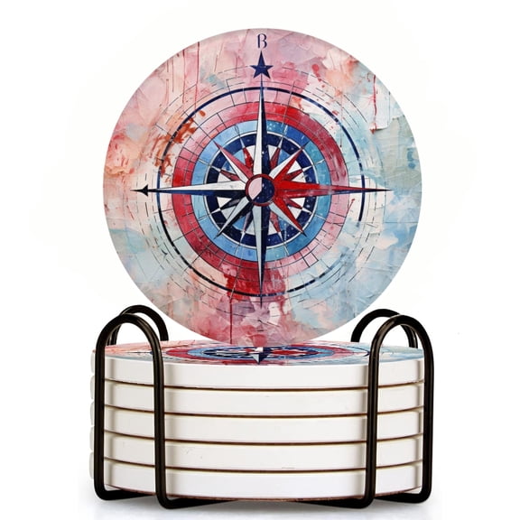 Bahomeck Drink Coasters Set Of 6 With Holder Nautical Compass In Shades Of Red And Blue Water Absorbent Ceramic Coasters Tabletop Protection,Suitable For Various Cup,Home Decor