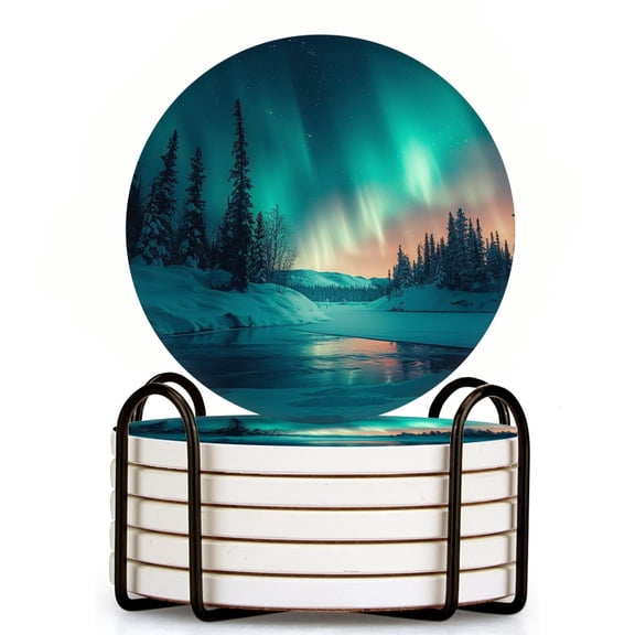 Bahomeck Drink Coasters Set Of 6 With Holder The Northern Lights Dancing Above Snow-Covered Forests Water Absorbent Ceramic Coasters Tabletop Protection,Suitable For Various Cup,Home Decor