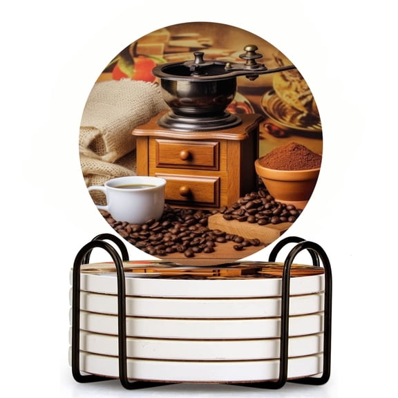 Bahomeck Drink Coasters Set Of 6 With Holder Old-Fashioned Coffee Grinder With Scattered Beans Water Absorbent Ceramic Coasters Tabletop Protection,Suitable For Various Cup,Home Decor