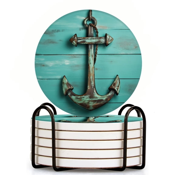 Bahomeck Drink Coasters Set Of 6 With Holder Old Rustic Anchor Hanging On Aged Turquoise Wooden Wall Water Absorbent Ceramic Coasters Tabletop Protection,Suitable For Various Cup,Home Decor