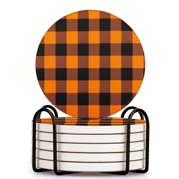 Bahomeck Drink Coasters Set Of 6 With Holder Orange And Black Checkered Pattern Water Absorbent Ceramic Coasters Tabletop Protection,Suitable For Various Cup,Home Decor