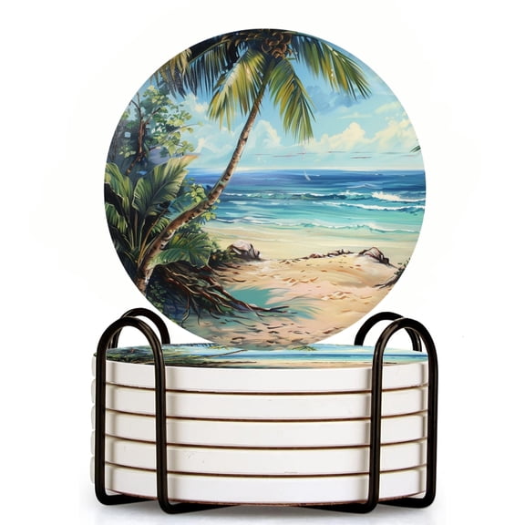 Bahomeck Drink Coasters Set Of 6 With Holder Painting Of The Beach In The Style Of Christian Lassen Water Absorbent Ceramic Coasters Tabletop Protection,Suitable For Various Cup,Home Decor