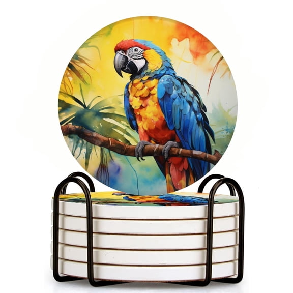 Bahomeck Drink Coasters Set Of 6 With Holder Parrot Sitting On Tree Branch In Jungle Water Absorbent Ceramic Coasters Tabletop Protection,Suitable For Various Cup,Home Decor