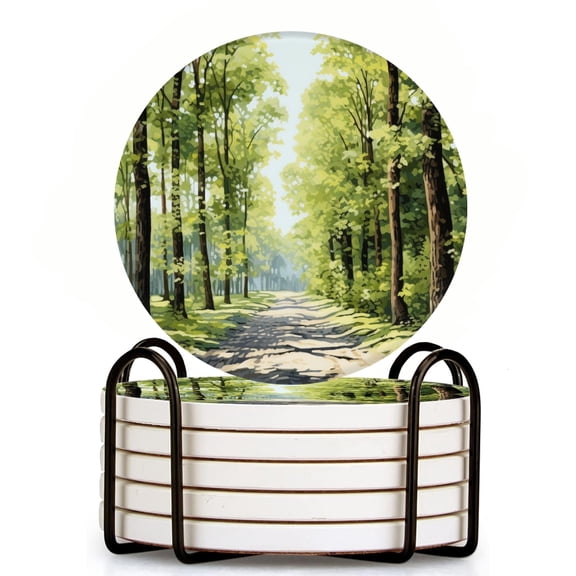 Bahomeck Drink Coasters Set Of 6 With Holder Path Through The Forest On Summer Day Water Absorbent Ceramic Coasters Tabletop Protection,Suitable For Various Cup,Home Decor