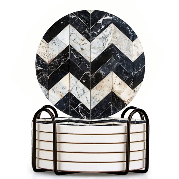 Bahomeck Drink Coasters Set Of 6 With Holder Pattern Made Of Black And White Marble Tiles Water Absorbent Ceramic Coasters Tabletop Protection,Suitable For Various Cup,Home Decor