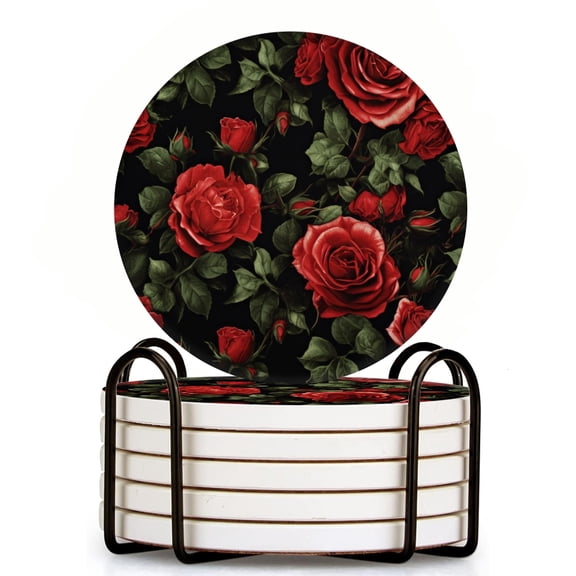 Bahomeck Drink Coasters Set Of 6 With Holder Pattern Of Red Roses With Green Leaves On Black Background Water Absorbent Ceramic Coasters Tabletop Protection,Suitable For Various Cup,Home Decor