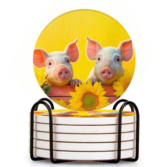 Bahomeck Drink Coasters Set Of 6 With Holder Piglets Sitting On Sunflowers With Yellow Background Water Absorbent Ceramic Coasters Tabletop Protection,Suitable For Various Cup,Home Decor