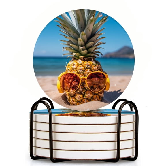 Bahomeck Drink Coasters Set Of 6 With Holder Pineapple Wearing Sunglasses On A Beach In Hawaii Water Absorbent Ceramic Coasters Tabletop Protection,Suitable For Various Cup,Home Decor