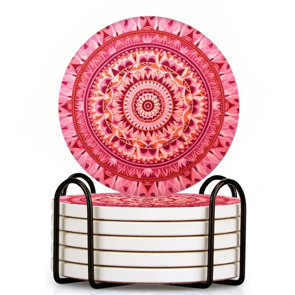 Bahomeck Drink Coasters Set Of 6 With Holder Pink And Red Circular Patterned Indian With Mandala Water Absorbent Ceramic Coasters Tabletop Protection,Suitable For Various Cup,Home Decor