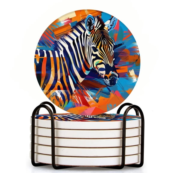 Bahomeck Drink Coasters Set Of 6 With Holder Pop Art-Inspired Digital Painting Of African Zebra Water Absorbent Ceramic Coasters Tabletop Protection,Suitable For Various Cup,Home Decor