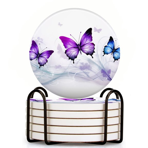 Bahomeck Drink Coasters Set Of 6 With Holder Purple Butterflies Flying With Swirls Of Light Grey Water Absorbent Ceramic Coasters Tabletop Protection,Suitable For Various Cup,Home Decor