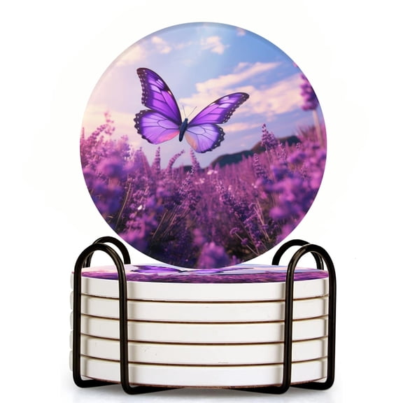 Bahomeck Drink Coasters Set Of 6 With Holder Purple Butterfly Flying Over A Field Of Lavender Flowers Water Absorbent Ceramic Coasters Tabletop Protection,Suitable For Various Cup,Home Decor