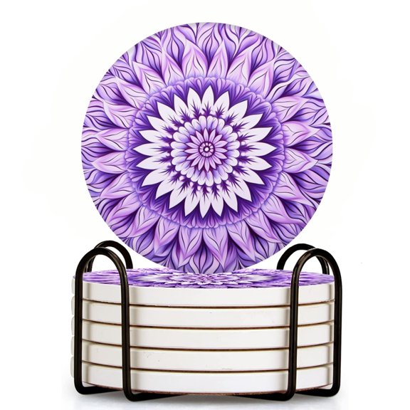 Bahomeck Drink Coasters Set Of 6 With Holder Purple Mandala With Intricate Details And Symmetrical Design Water Absorbent Ceramic Coasters Tabletop Protection,Suitable For Various Cup,Home Decor