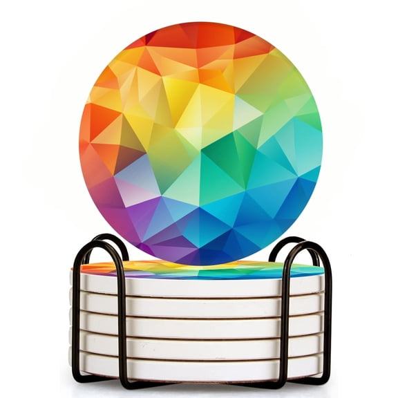 Bahomeck Drink Coasters Set Of 6 With Holder Rainbow Color Low Poly Triangles Water Absorbent Ceramic Coasters Tabletop Protection,Suitable For Various Cup,Home Decor