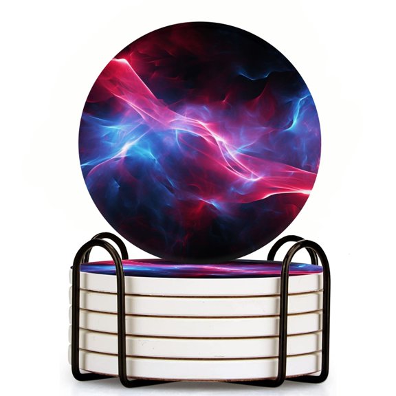 Bahomeck Drink Coasters Set Of 6 With Holder Red And Blue Glowing Energy Waves With Dark Background Water Absorbent Ceramic Coasters Tabletop Protection,Suitable For Various Cup,Home Decor
