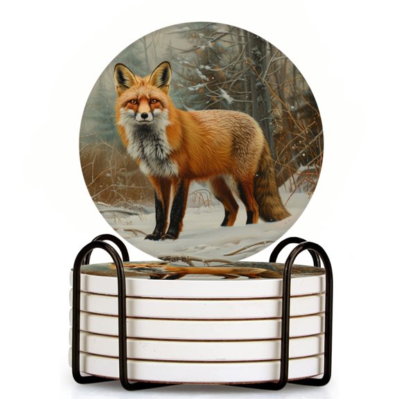Bahomeck Drink Coasters Set Of 6 With Holder Red Fox Standing In The Snow Surrounded By Dense Forest Foliage Water Absorbent Ceramic Coasters Tabletop Protection,Suitable For Various Cup,Home Decor