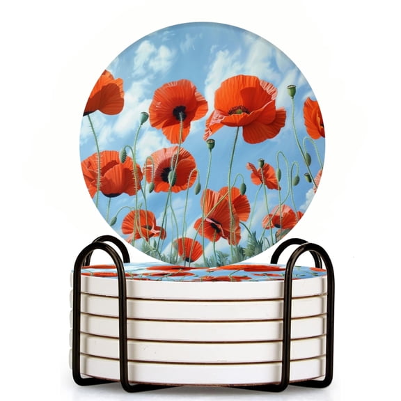 Bahomeck Drink Coasters Set Of 6 With Holder Red Poppies In The Sky On Vast Poppy Field Water Absorbent Ceramic Coasters Tabletop Protection,Suitable For Various Cup,Home Decor