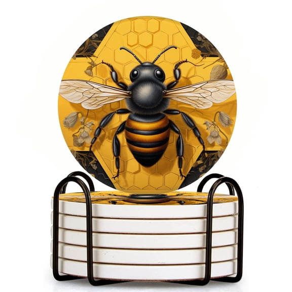 Bahomeck Drink Coasters Set Of 6 With Holder Render Of Bee On Honeycomb Water Absorbent Ceramic Coasters Tabletop Protection,Suitable For Various Cup,Home Decor