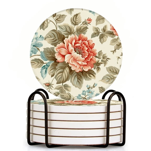 Bahomeck Drink Coasters Set Of 6 With Holder Rococo Floral Pattern With Soft Colors Water Absorbent Ceramic Coasters Tabletop Protection,Suitable For Various Cup,Home Decor