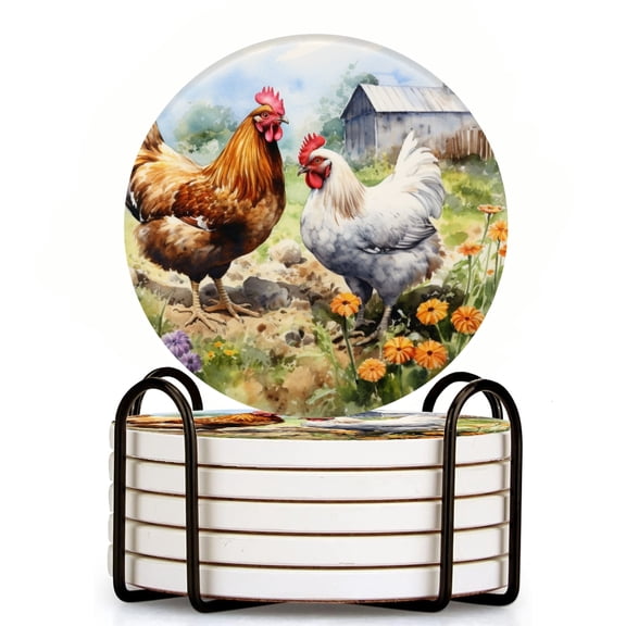 Bahomeck Drink Coasters Set Of 6 With Holder Rooster And White Hen In The Farmyard Water Absorbent Ceramic Coasters Tabletop Protection,Suitable For Various Cup,Home Decor