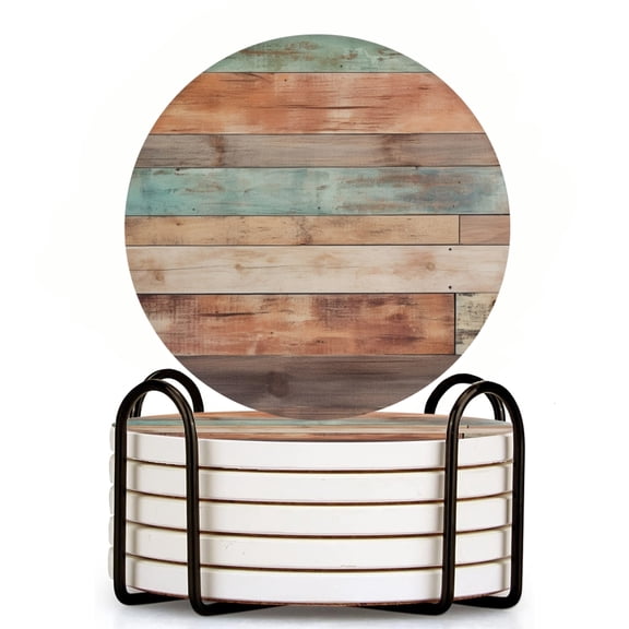 Bahomeck Drink Coasters Set Of 6 With Holder Rustic Wooden Wall With Aged Finish Water Absorbent Ceramic Coasters Tabletop Protection,Suitable For Various Cup,Home Decor