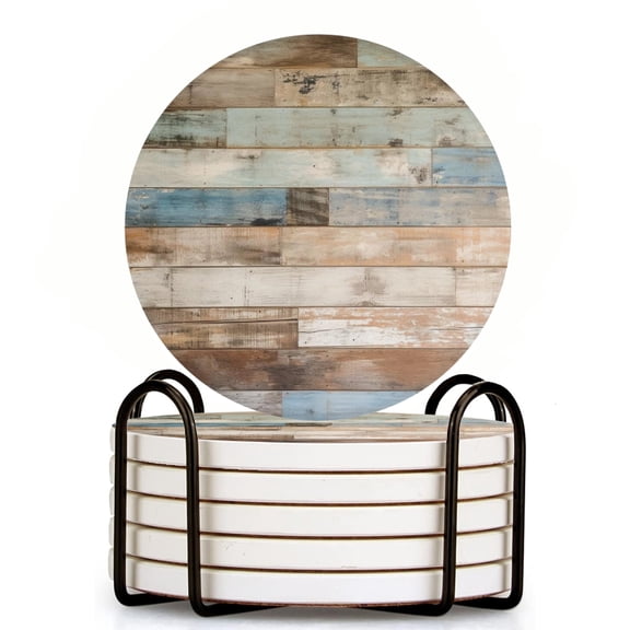 Bahomeck Drink Coasters Set Of 6 With Holder Rustic Wooden Wall With Weathered And Distressed Planks Water Absorbent Ceramic Coasters Tabletop Protection,Suitable For Various Cup,Home Decor