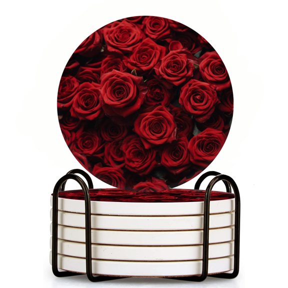Bahomeck Drink Coasters Set Of 6 With Holder Sea Of Red Roses Symbolizing Love And Romance Water Absorbent Ceramic Coasters Tabletop Protection,Suitable For Various Cup,Home Decor
