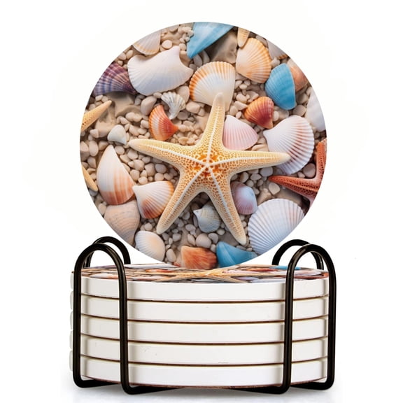 Bahomeck Drink Coasters Set Of 6 With Holder Seashells And Starfish On The Beach Water Absorbent Ceramic Coasters Tabletop Protection,Suitable For Various Cup,Home Decor