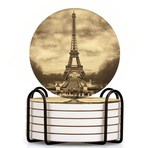 Bahomeck Drink Coasters Set Of 6 With Holder Sepia-Toned Photograph Captures The Eiffel Tower In Paris Water Absorbent Ceramic Coasters Tabletop Protection,Suitable For Various Cup,Home Decor