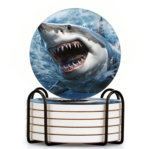 Bahomeck Drink Coasters Set Of 6 With Holder Shark With Mouth Wide Open And Sharp Teeth Water Absorbent Ceramic Coasters Tabletop Protection,Suitable For Various Cup,Home Decor
