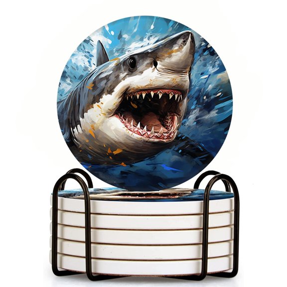 Bahomeck Drink Coasters Set Of 6 With Holder Shark With Open Mouth Water Absorbent Ceramic Coasters Tabletop Protection,Suitable For Various Cup,Home Decor