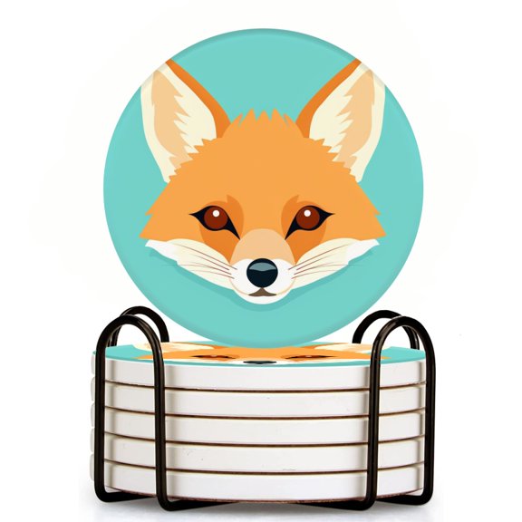 Bahomeck Drink Coasters Set Of 6 With Holder Simple Flat Illustration Of Cute Fox Head Water Absorbent Ceramic Coasters Tabletop Protection,Suitable For Various Cup,Home Decor