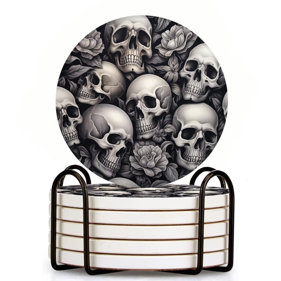 Bahomeck Drink Coasters Set Of 6 With Holder Skulls Stack Up Dark And Moody Water Absorbent Ceramic Coasters Tabletop Protection,Suitable For Various Cup,Home Decor